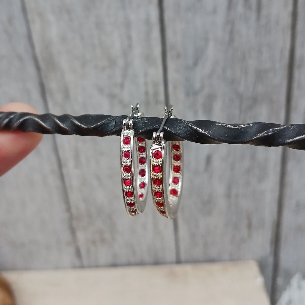 Modern Oval Silver Tone Red Rhinestones Hoop Earrings